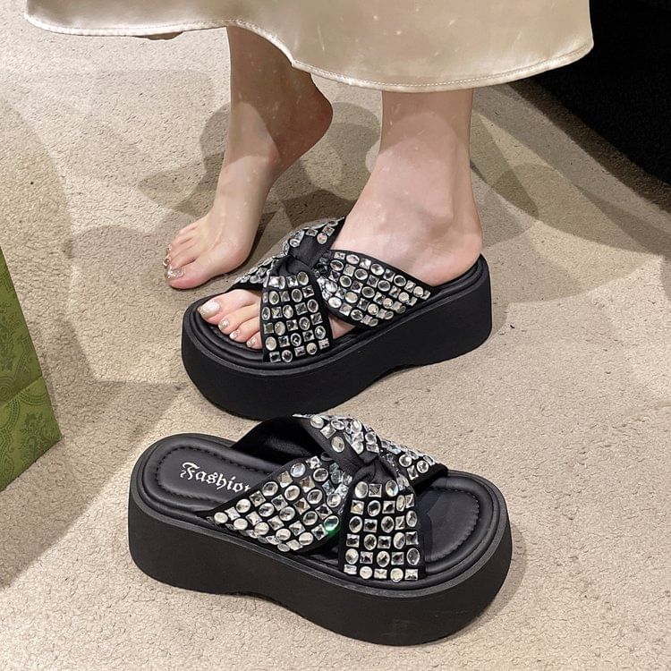 Platform Sandals Strap Cross Rhinestone