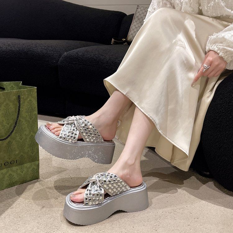 Platform Sandals Strap Cross Rhinestone