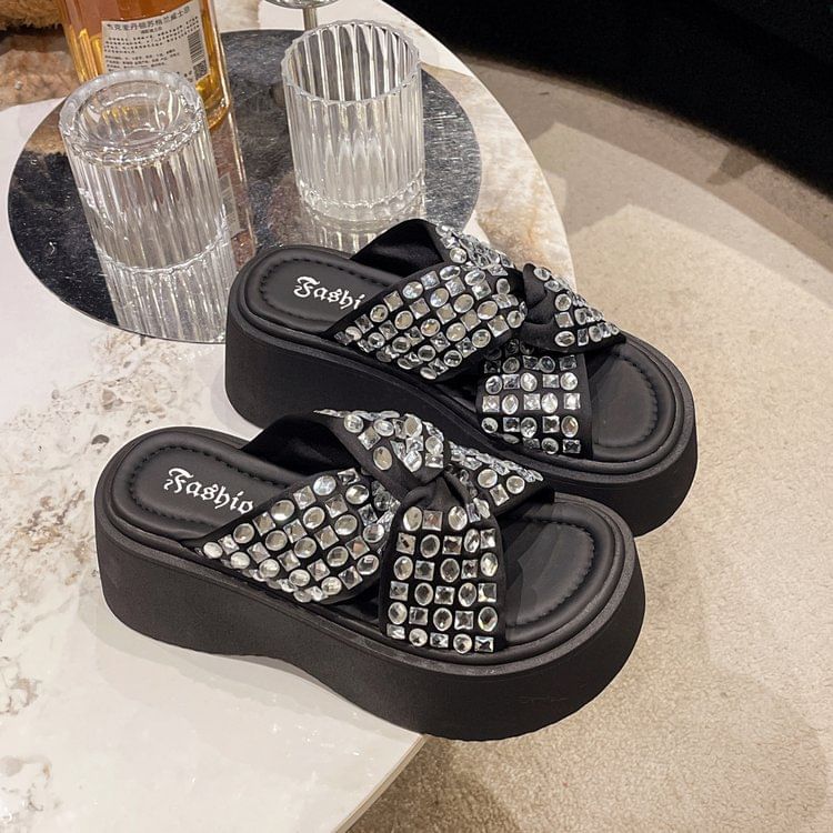 Platform Sandals Strap Cross Rhinestone