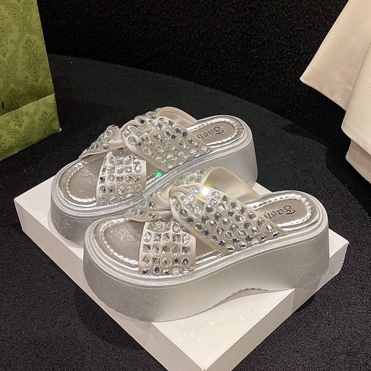 Platform Sandals Strap Cross Rhinestone