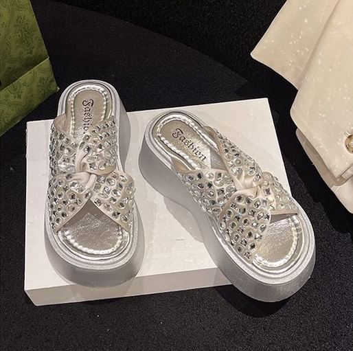 Platform Sandals Strap Cross Rhinestone