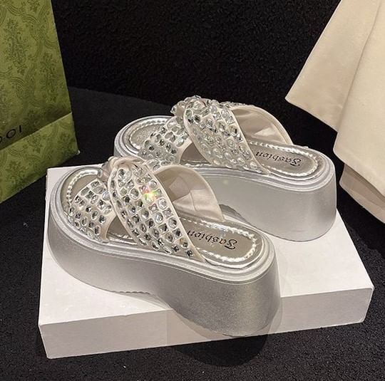Platform Sandals Strap Cross Rhinestone