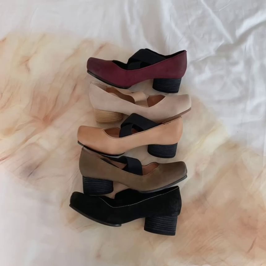 Square Strap Cross Heel Pumps Mary Toe Chunky Jane