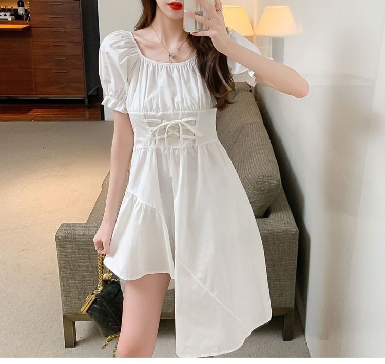 Neck Asymmetrical Short-Sleeve A-Line Plain Square Dress