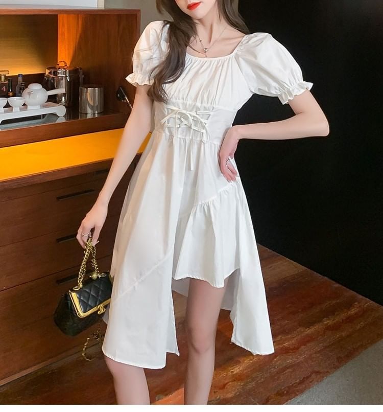 Neck Asymmetrical Short-Sleeve A-Line Plain Square Dress