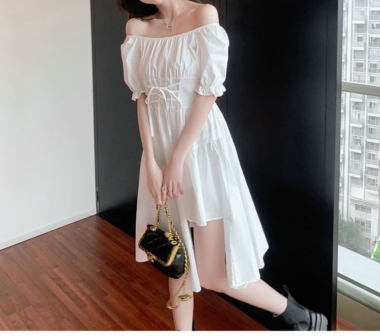 Neck Asymmetrical Short-Sleeve A-Line Plain Square Dress