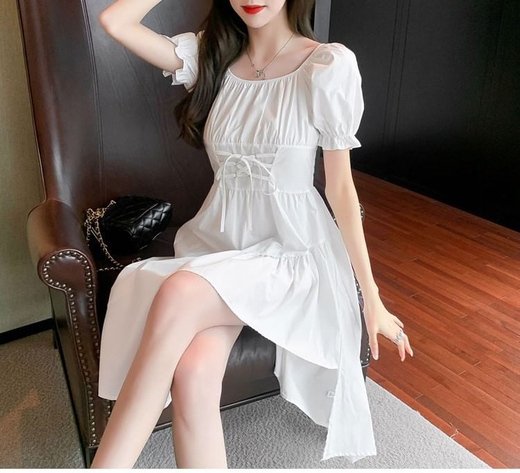 Neck Asymmetrical Short-Sleeve A-Line Plain Square Dress