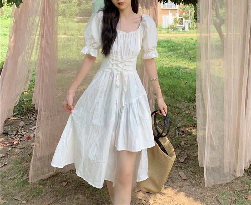 Neck Asymmetrical Short-Sleeve A-Line Plain Square Dress