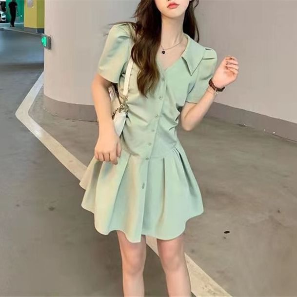 Dress Plain A-Line V-Neck Short-Sleeve Button-Up Mini