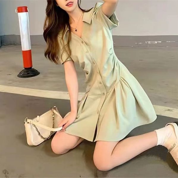 Dress Plain A-Line V-Neck Short-Sleeve Button-Up Mini