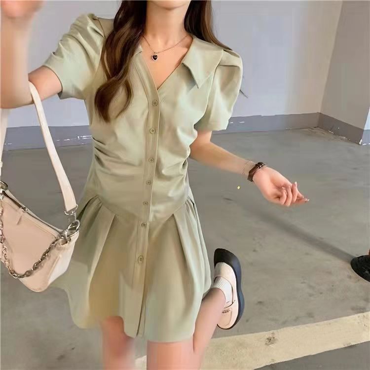 Dress Plain A-Line V-Neck Short-Sleeve Button-Up Mini