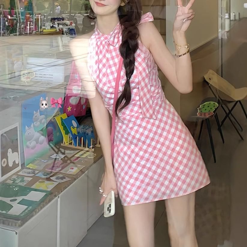 A-Line Mini Sleeveless Plaid Dress