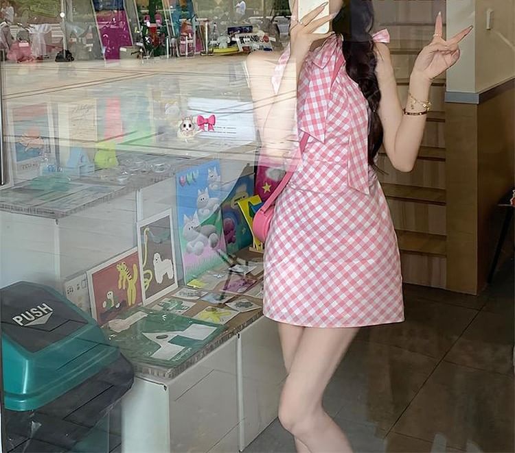 A-Line Mini Sleeveless Plaid Dress