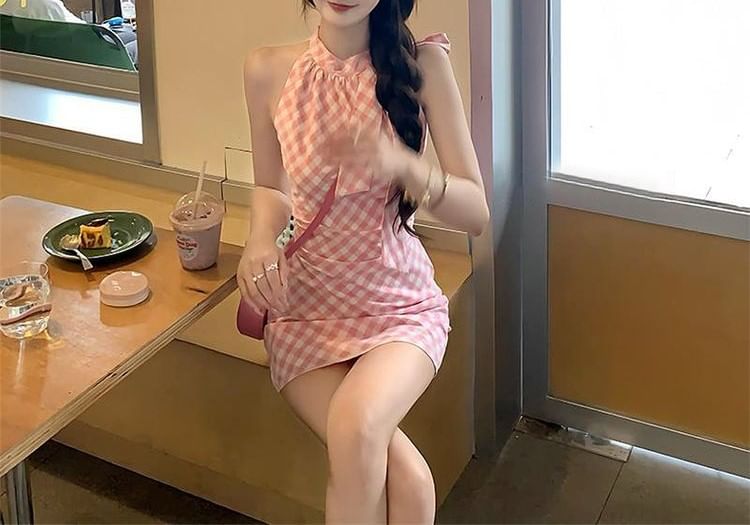 A-Line Mini Sleeveless Plaid Dress