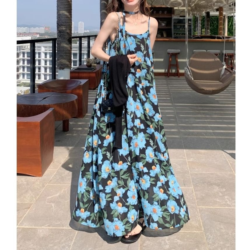 Spaghetti Scoop Maxi Strap A-Line Floral Neck Dress Print