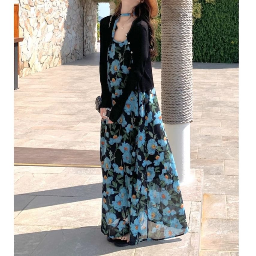 Spaghetti Scoop Maxi Strap A-Line Floral Neck Dress Print
