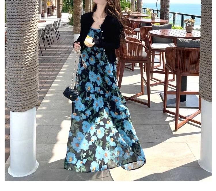 Spaghetti Scoop Maxi Strap A-Line Floral Neck Dress Print