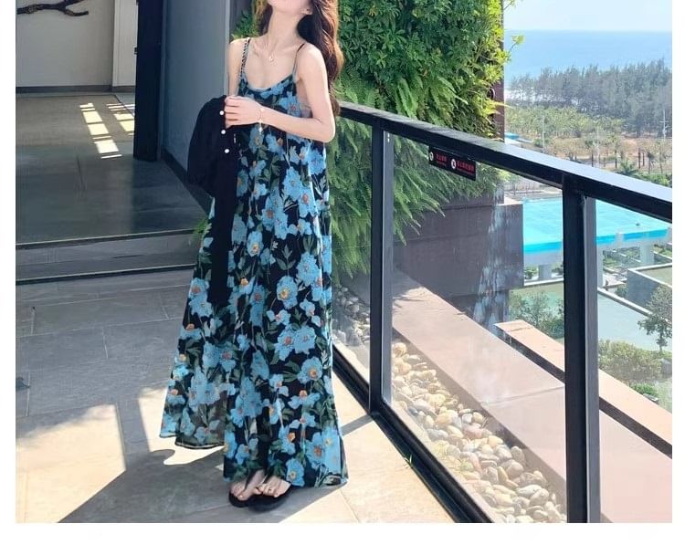 Spaghetti Scoop Maxi Strap A-Line Floral Neck Dress Print