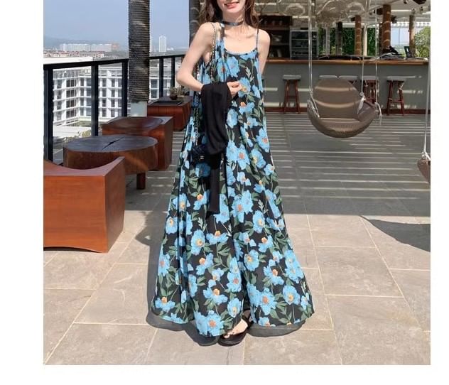 Spaghetti Scoop Maxi Strap A-Line Floral Neck Dress Print