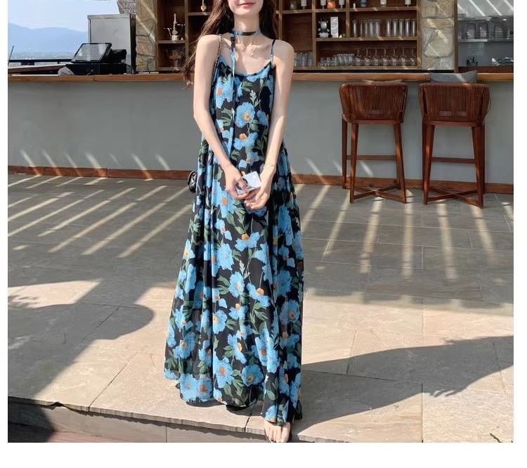 Spaghetti Scoop Maxi Strap A-Line Floral Neck Dress Print