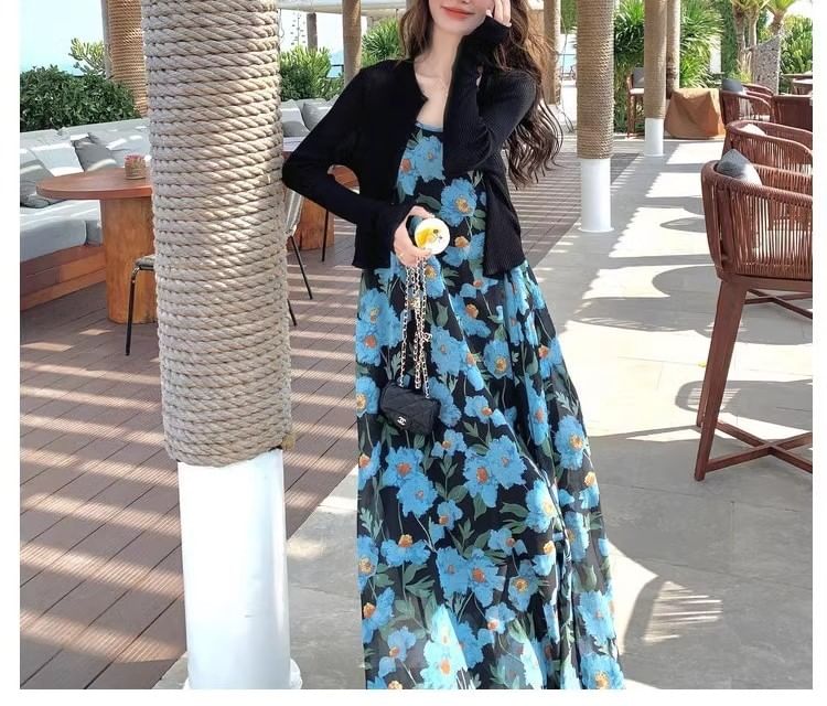 Spaghetti Scoop Maxi Strap A-Line Floral Neck Dress Print