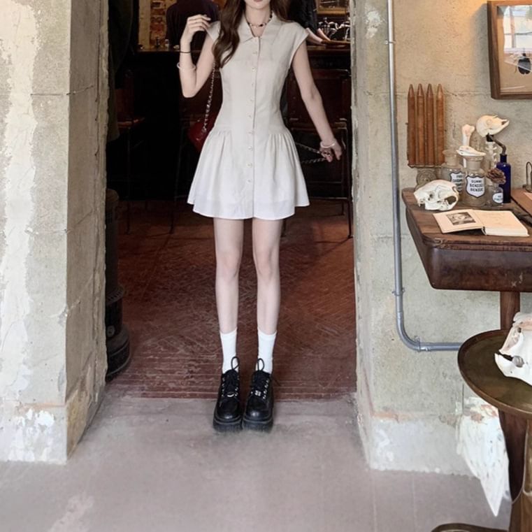 Shirt Plain Mini Short-Sleeve Dress A-Line