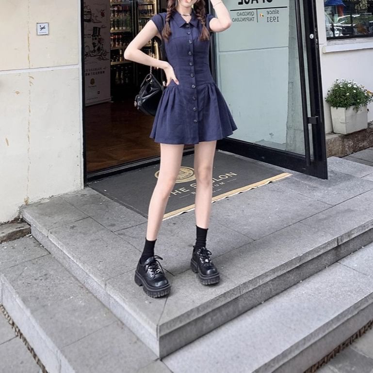 Shirt Plain Mini Short-Sleeve Dress A-Line