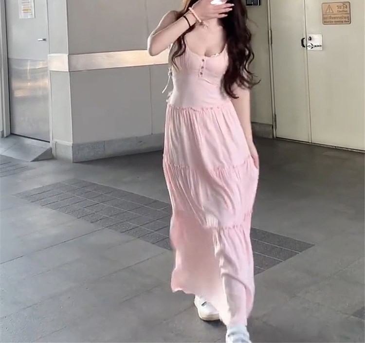 Spaghetti A-Line Plain Scoop Maxi Dress Strap Neck