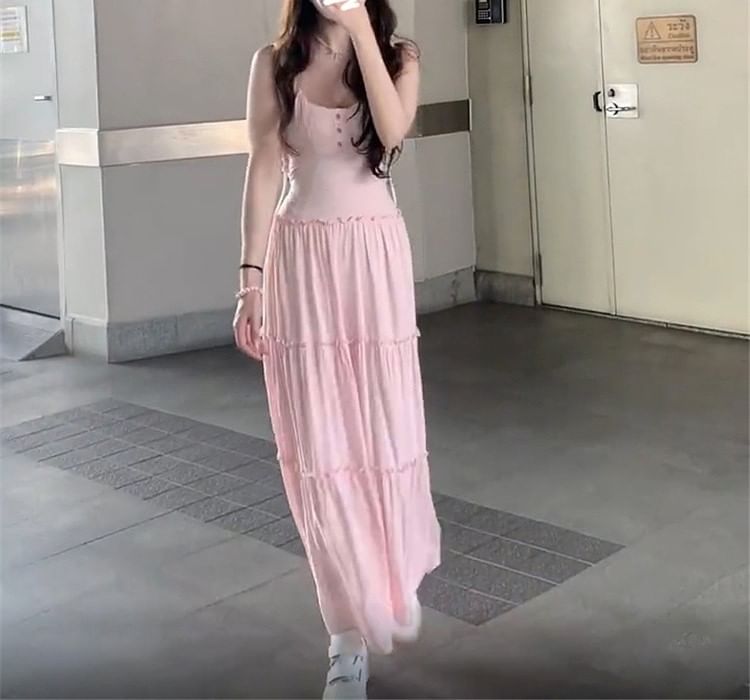 Spaghetti A-Line Plain Scoop Maxi Dress Strap Neck