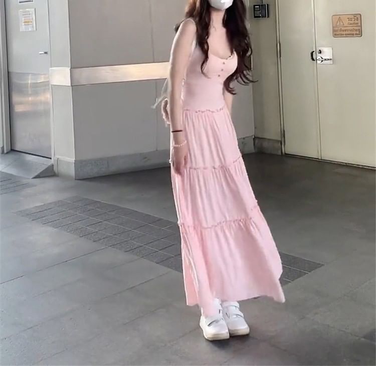 Spaghetti A-Line Plain Scoop Maxi Dress Strap Neck