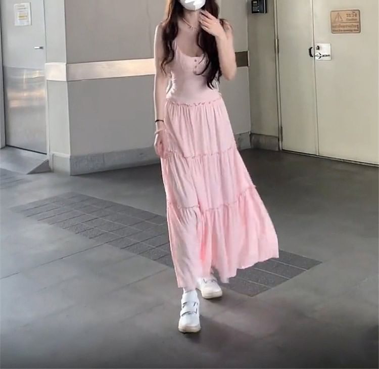 Spaghetti A-Line Plain Scoop Maxi Dress Strap Neck