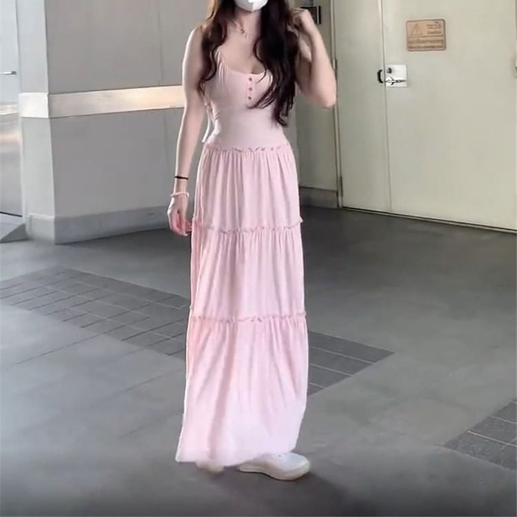 Spaghetti A-Line Plain Scoop Maxi Dress Strap Neck