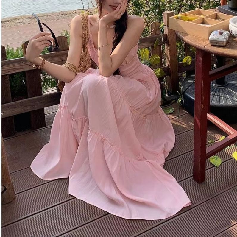 Spaghetti A-Line Plain Scoop Maxi Dress Strap Neck