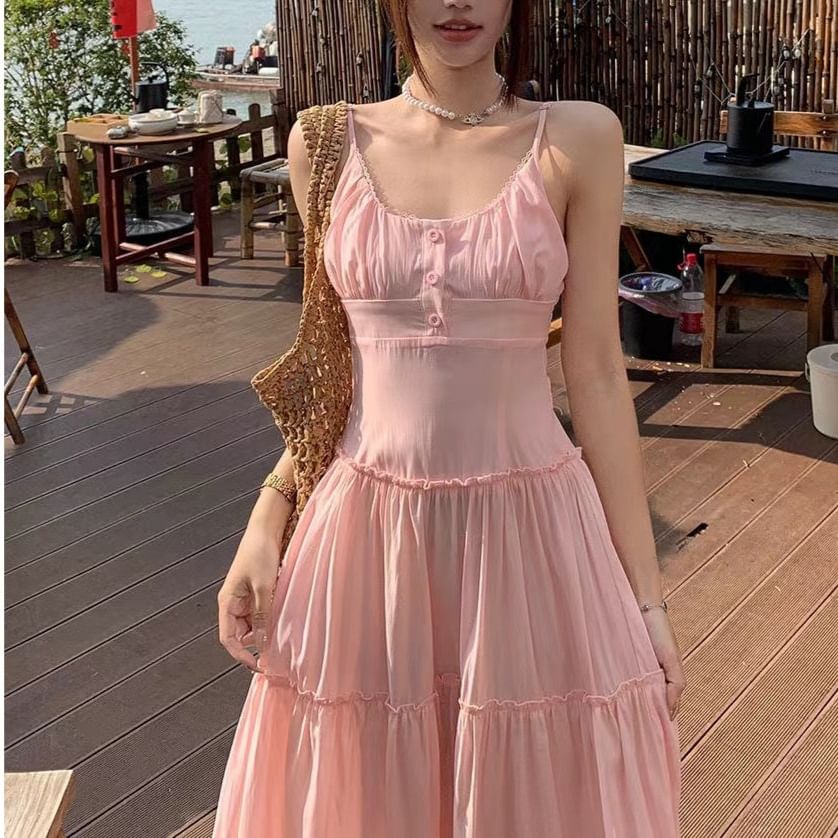 Spaghetti A-Line Plain Scoop Maxi Dress Strap Neck