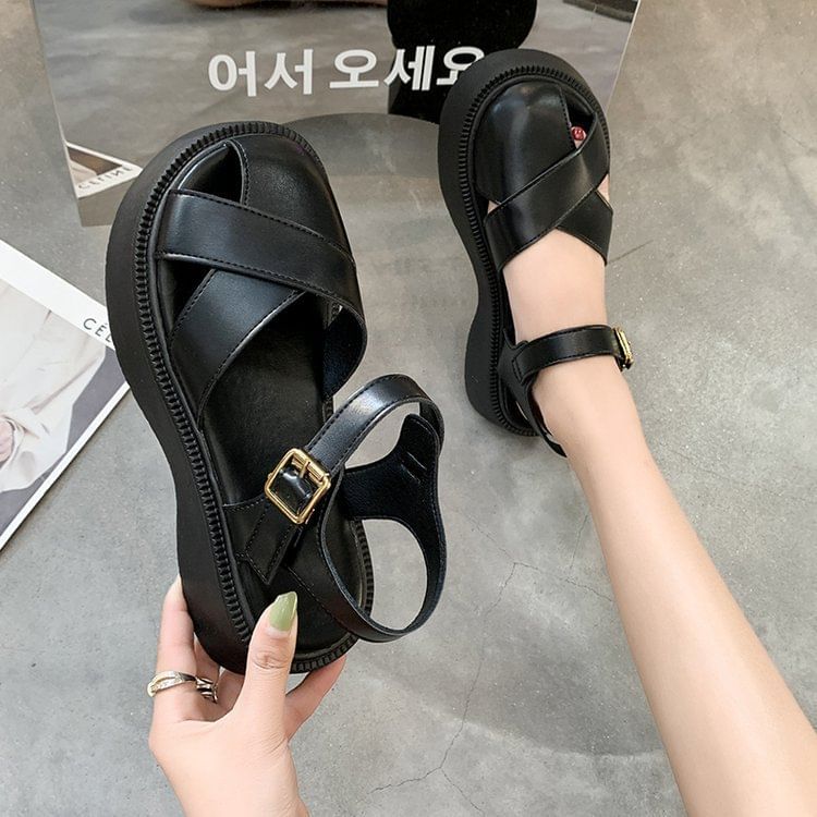 Faux Platform Sandals Leather