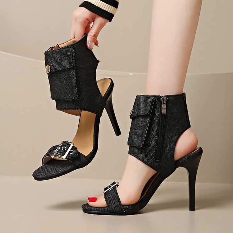 Heel High Denim Buckled Sandals Boot