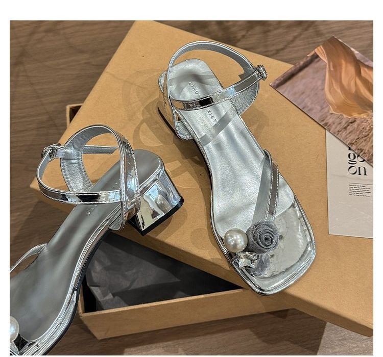 Block Flower Sandals Heel Faux Pearl