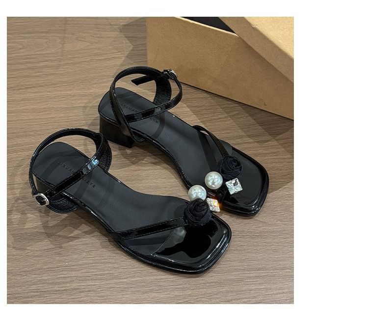 Block Flower Sandals Heel Faux Pearl