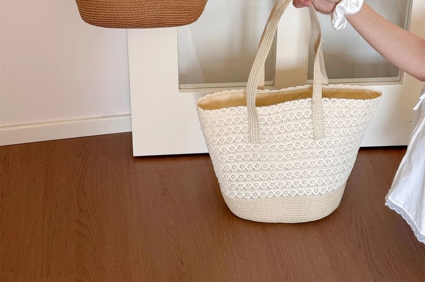 Straw Bag Tote Panel Lace