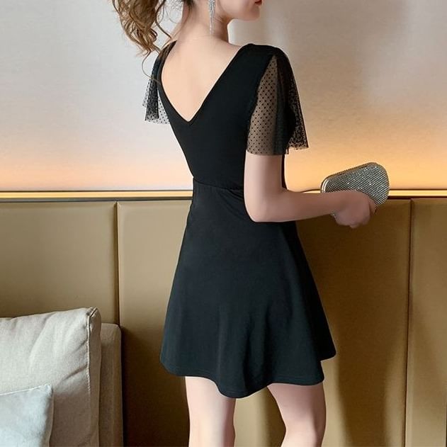 Mesh A-Line Short-Sleeve Mini V-Neck Dress