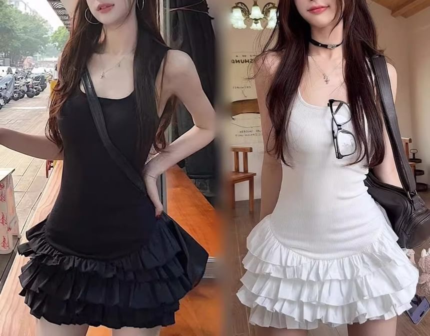 Mini Sleeveless Plain Dress Tiered