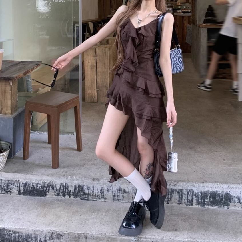 V-Neck Dress Asymmetrical Sleeveless A-Line