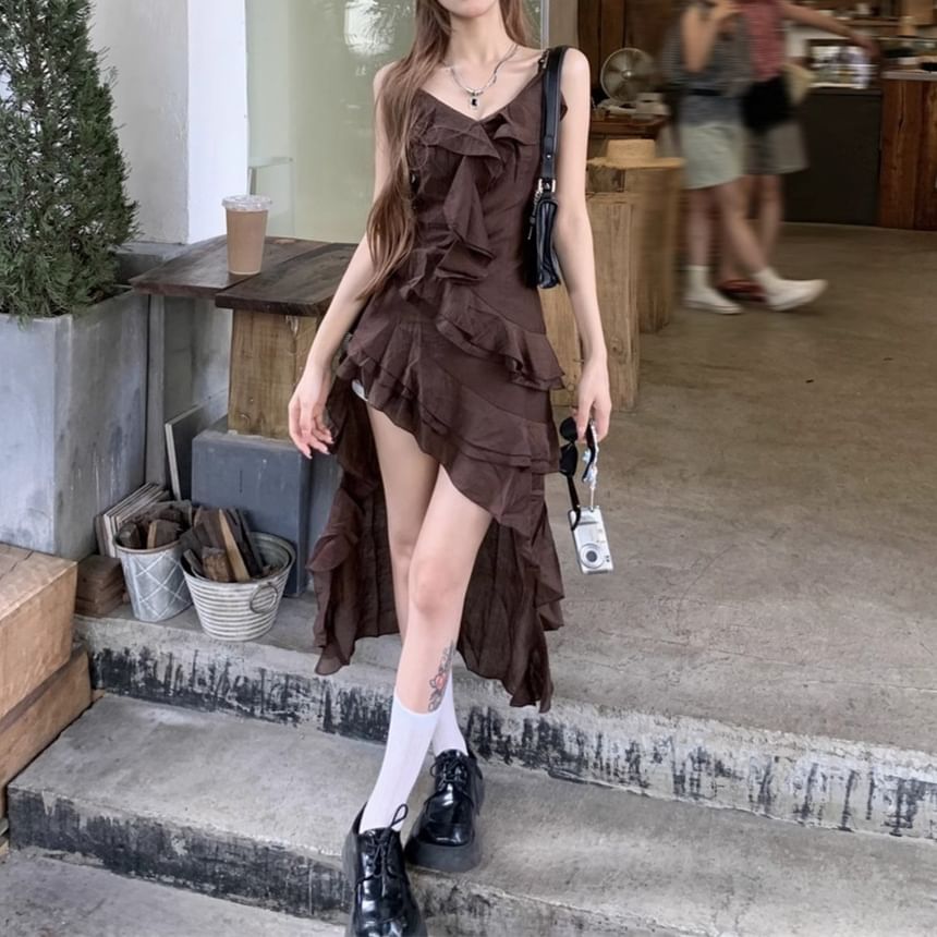 V-Neck Dress Asymmetrical Sleeveless A-Line