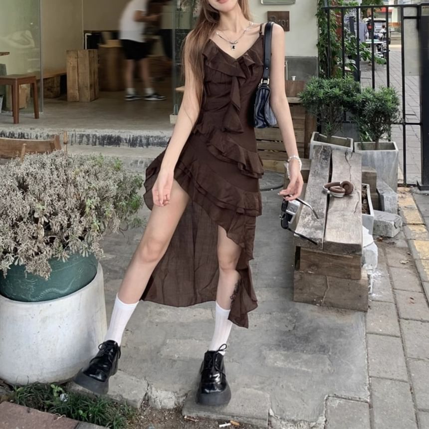 V-Neck Dress Asymmetrical Sleeveless A-Line