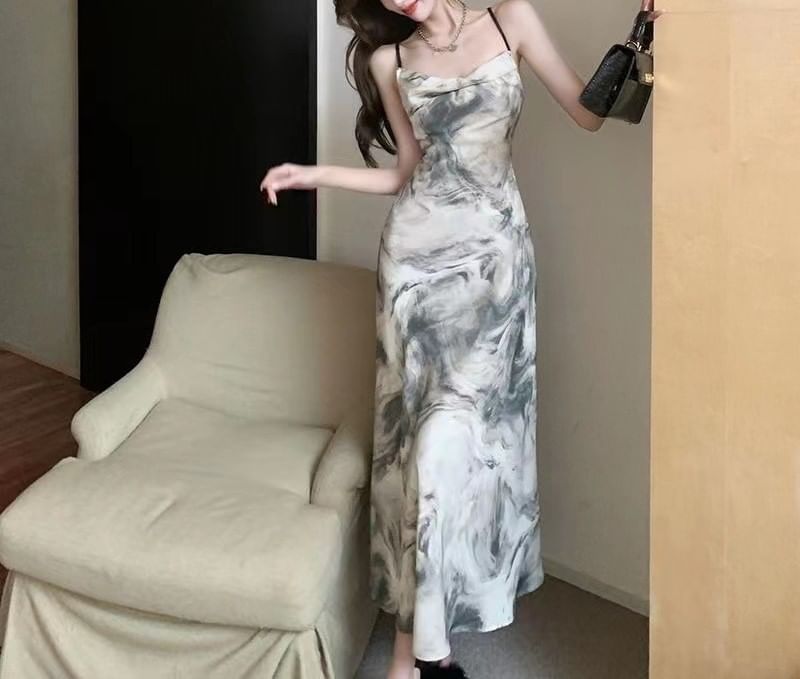 A-Line Print Strap Dress Spaghetti Maxi