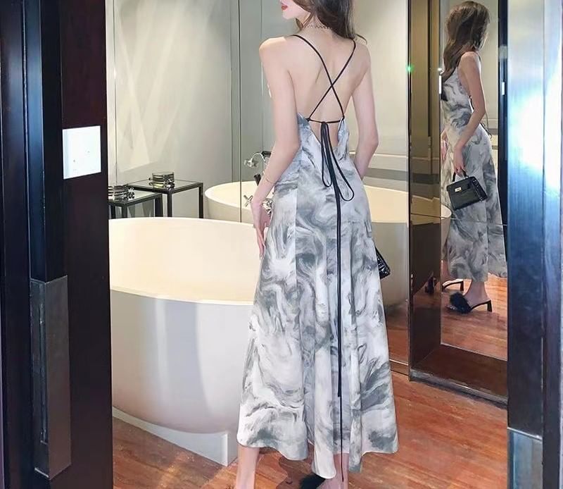 A-Line Print Strap Dress Spaghetti Maxi