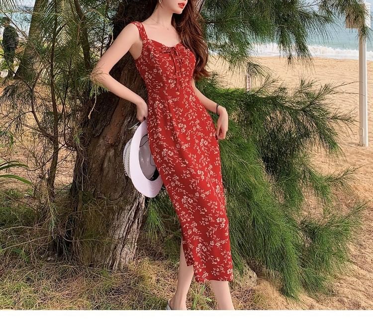 Dress Sleeveless V-Neck Floral Maxi Print Sheath