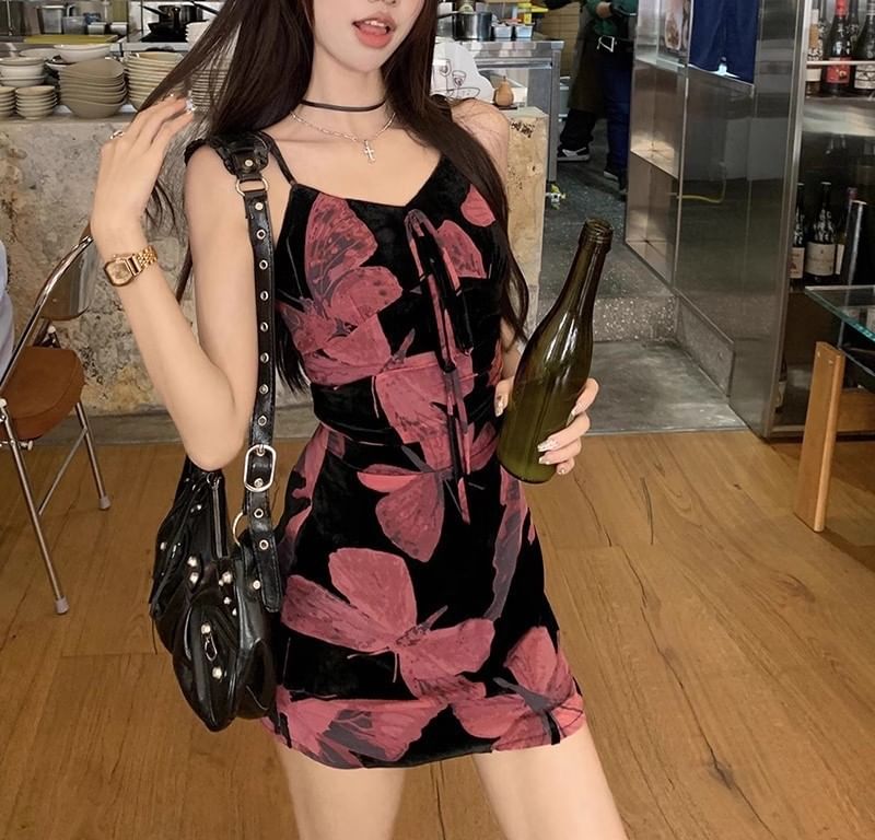 V-Neck Strap Dress Print Spaghetti (Various Floral Designs) A-Line