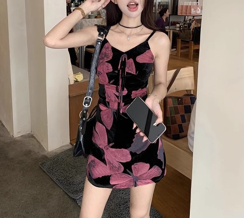 V-Neck Strap Dress Print Spaghetti (Various Floral Designs) A-Line