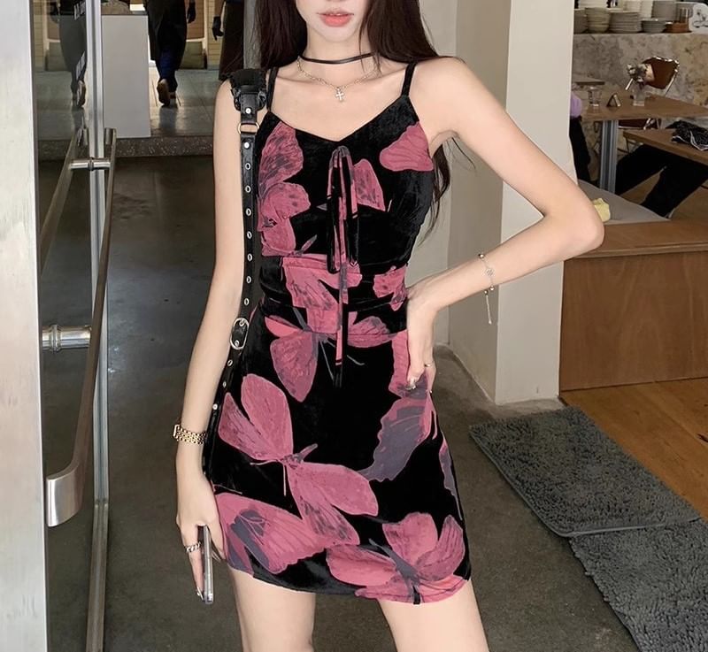 V-Neck Strap Dress Print Spaghetti (Various Floral Designs) A-Line